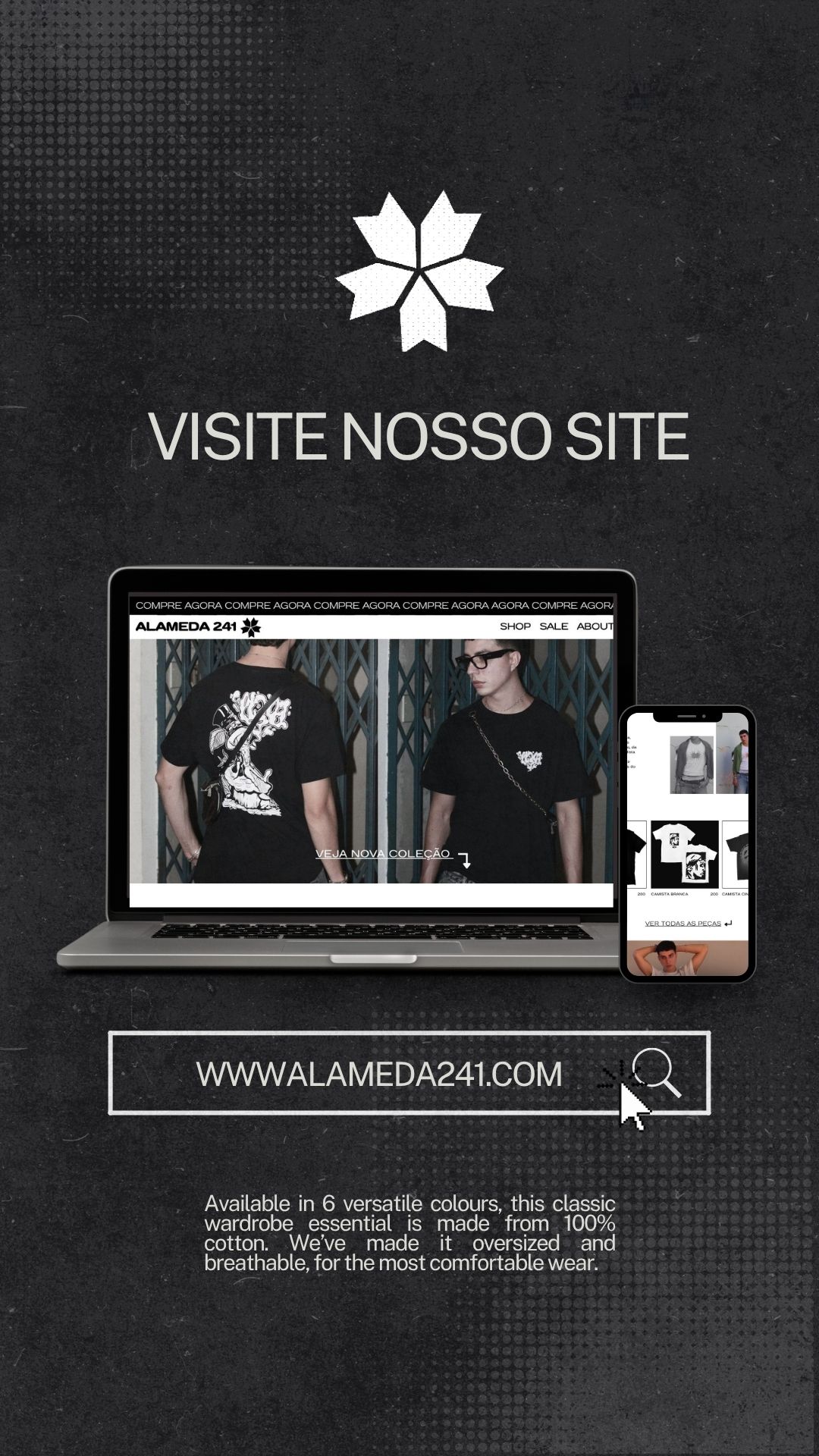 Peça vertical convidando o público a visitar o site Alameda 241