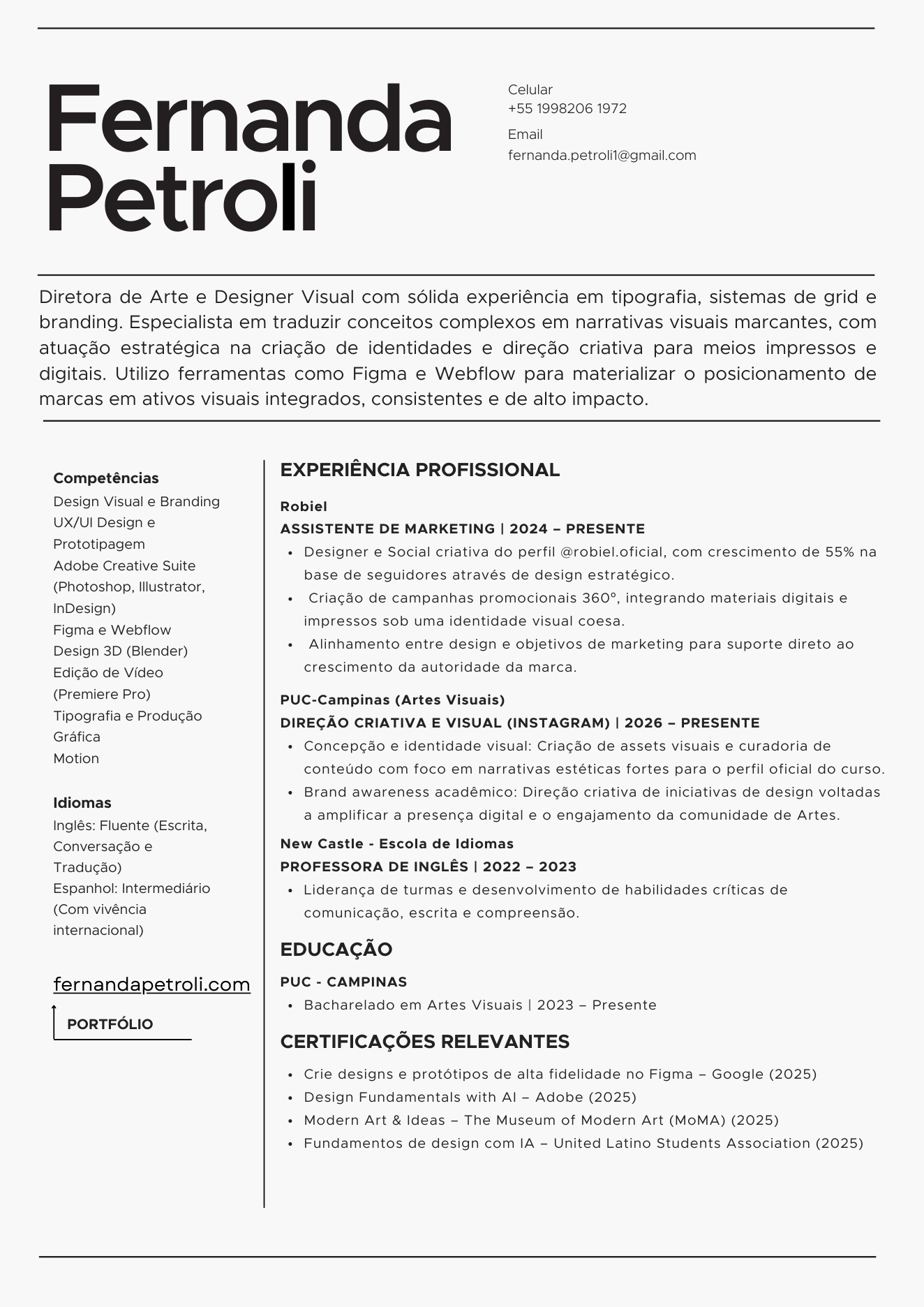 Currículo profissional de Fernanda Petroli